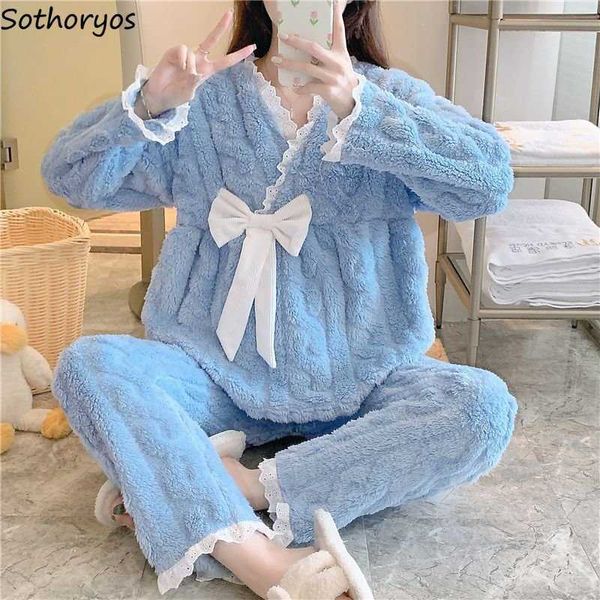women's sleep lounge winter pajama sets women warm ins cozy fashion sleepwear v-neck dent lovely preppy style korean bow sweet homewear 
women's sleep lounge winter pajama sets women warm ins cozy fashion sleepwear v-neck dent lovely preppy style korean bow sweet homewear
