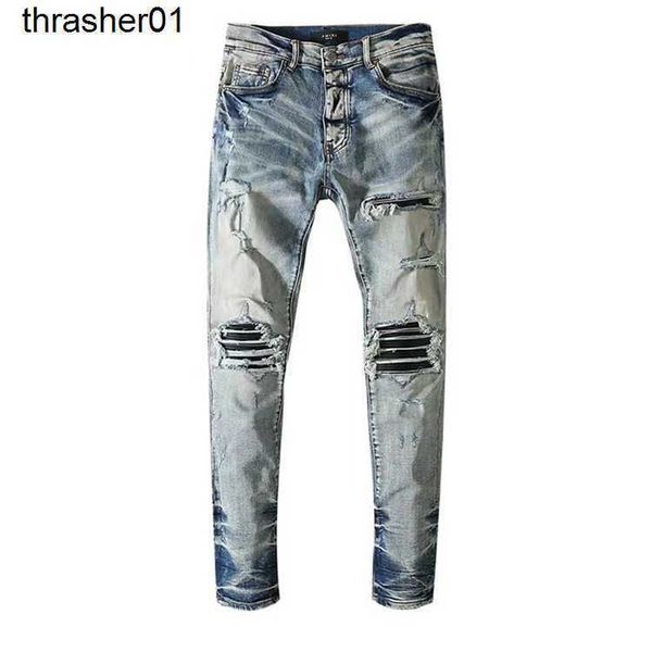 new men's jeans designer amirs men's jeans knee hole elastic men's fashion streetwear pants, Blue
new men's jeans designer amirs men's jeans knee hole elastic men's fashion streetwear pants, Blue