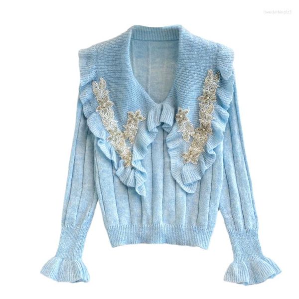women's sweaters 2022 autumn winter korean doll collar flare sleeve knitted pullover beaded three-dimensional flower decoration sweater, White;black
women's sweaters 2022 autumn winter korean doll collar flare sleeve knitted pullover beaded three-dimensional flower decoration sweater, White;black