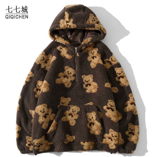 men's fur faux fur lambswool hooded jacket men women bear print half zipper cardigan coats harajuku hooded couple coat outwear pullover, Black
men's fur faux fur lambswool hooded jacket men women bear print half zipper cardigan coats harajuku hooded couple coat outwear pullover, Black