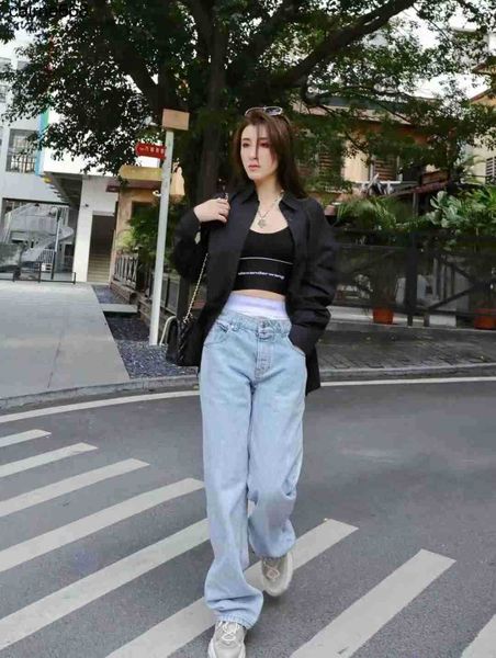 women's designer pants capris autumn new double waist letter ribbon splice alexanders straight jeans female fashion wangs, Black;white
women's designer pants capris autumn new double waist letter ribbon splice alexanders straight jeans female fashion wangs, Black;white