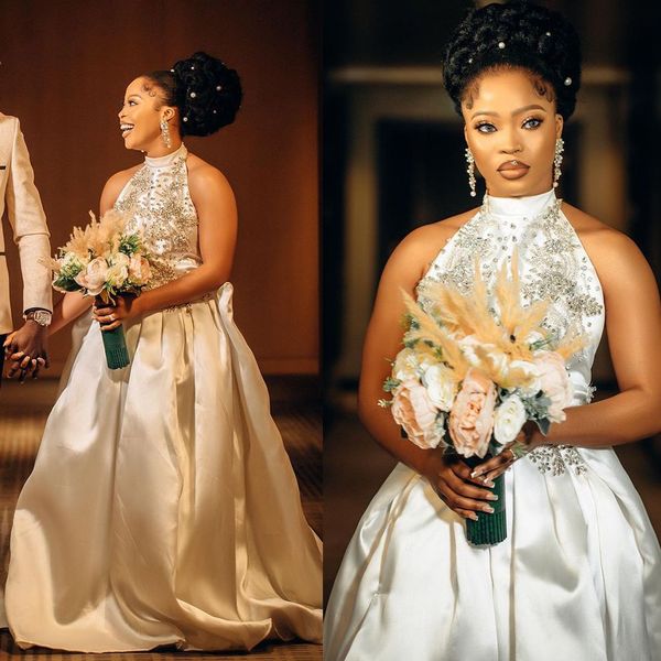 halter a line wedding dresses sleeveless crystal beads bridal gown plus size marriage floor length arabic aso ebi, White
halter a line wedding dresses sleeveless crystal beads bridal gown plus size marriage floor length arabic aso ebi, White