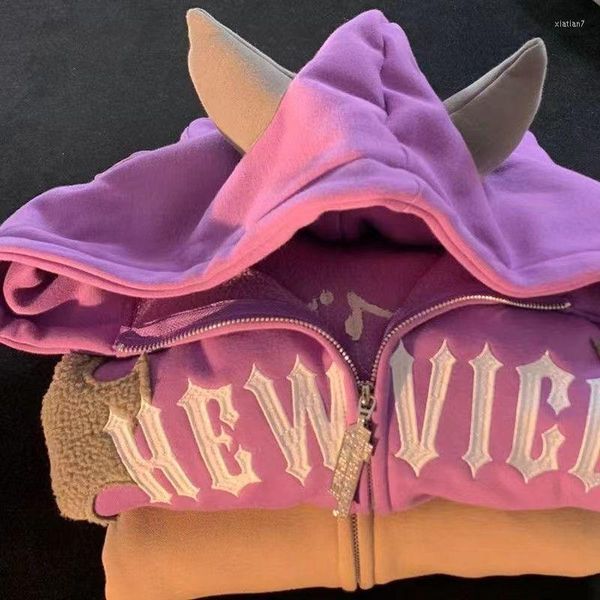 men's hoodies 2022 little devil horn hooded and cashmere women fall winter american vintage street cardigan, Black
men's hoodies 2022 little devil horn hooded and cashmere women fall winter american vintage street cardigan, Black