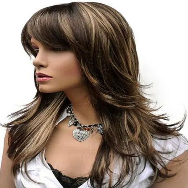 women's wig long straight layered brown with blonde highlights synthetic full wig, Black
women's wig long straight layered brown with blonde highlights synthetic full wig, Black
