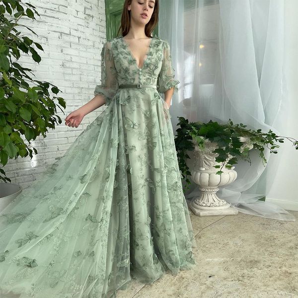 green butterfly tulle prom dresses v neck long sleeves velvet belt evening gowns formal party dress with pockets, Black
green butterfly tulle prom dresses v neck long sleeves velvet belt evening gowns formal party dress with pockets, Black