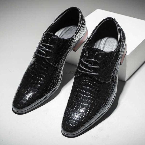 

derby shoes men solid color pu leather trend fashion everyday banquet party pointed toe lace up crocodile pattern classic gentleman dress, Black