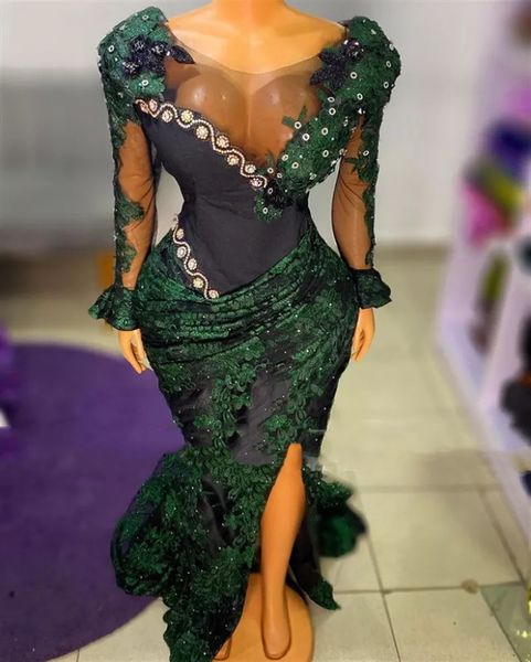emerald green mermaid evening dresses illusion long sleeve lace floral crystal beaded sheer neck african aso ebi slit prom gowns, Black;red
emerald green mermaid evening dresses illusion long sleeve lace floral crystal beaded sheer neck african aso ebi slit prom gowns, Black;red