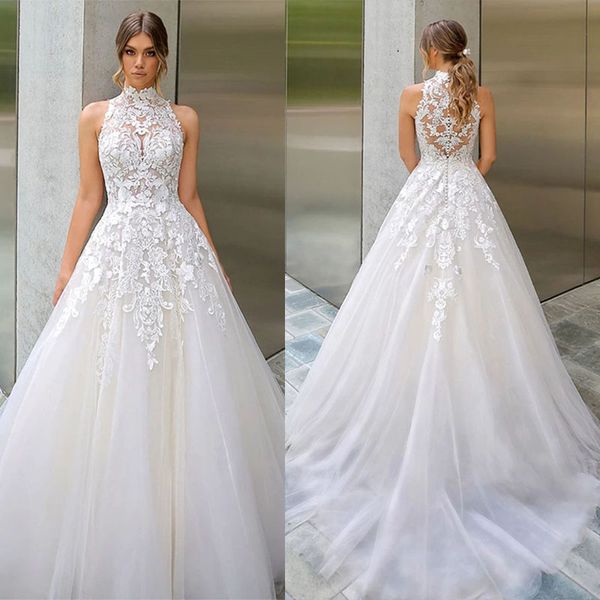 boho high neck tulle wedding dress elegant lace appliques a line illusion back beach bride gown, White
boho high neck tulle wedding dress elegant lace appliques a line illusion back beach bride gown, White