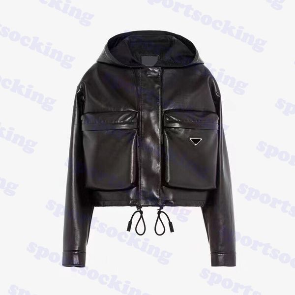 brand leather coat for women triangle logo hooded jacket black short zipper coats womens clothes
brand leather coat for women triangle logo hooded jacket black short zipper coats womens clothes