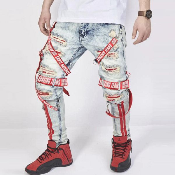 men's fall/winter new jeans street fashion punk hip hop patch weave jeans ripped small feet zipper slim pants, Blue
men's fall/winter new jeans street fashion punk hip hop patch weave jeans ripped small feet zipper slim pants, Blue