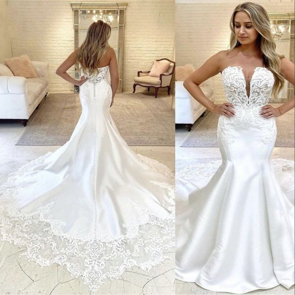 2023 mermaid wedding dresses bridal gown strapless plunging v neck satin lace applique sweep train custom made beach country plus size vesti, White
2023 mermaid wedding dresses bridal gown strapless plunging v neck satin lace applique sweep train custom made beach country plus size vesti, White