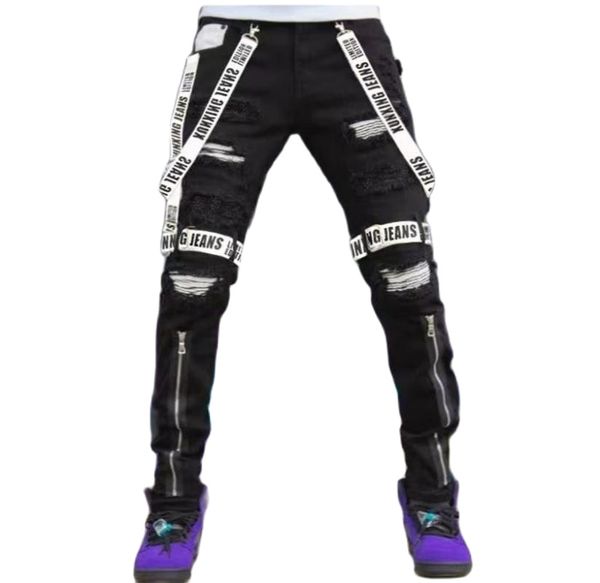 men's fall/winter new jeans street fashion punk hip-hop alphabet print webbed jeans ripped small feet zipper slim pants, Blue
men's fall/winter new jeans street fashion punk hip-hop alphabet print webbed jeans ripped small feet zipper slim pants, Blue