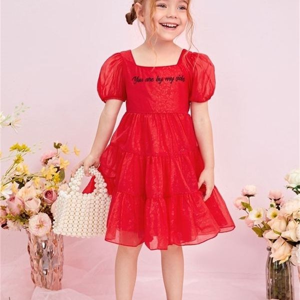 toddler girls puff sleeve slogan graphic jacquard dress she, Red;yellow 
toddler girls puff sleeve slogan graphic jacquard dress she, Red;yellow