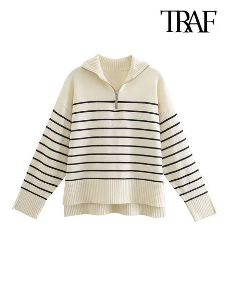traf women fashion loose striped asymmetry knitted sweaters vintage long sleeve zip-up female pullovers chic, White;black
traf women fashion loose striped asymmetry knitted sweaters vintage long sleeve zip-up female pullovers chic, White;black