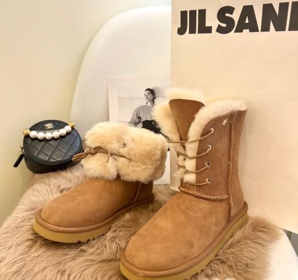 designer boots in autumn and winter cowhide sheep wool warm snow boots fashionable metal five-star high boot, Black