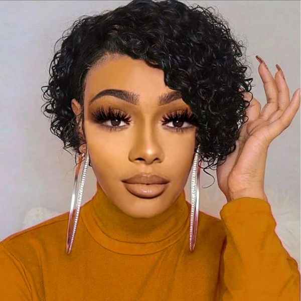curly wigs short pixie cut human hair for women black remy brazilian 150% density glueless side bang none lace wig natural scalp, Black;brown
curly wigs short pixie cut human hair for women black remy brazilian 150% density glueless side bang none lace wig natural scalp, Black;brown