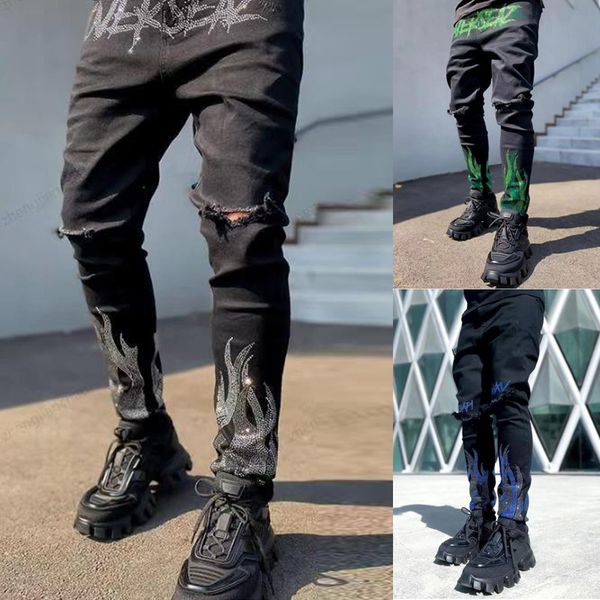 men's fall winter new jeans street fashion punk hip hop personality drill letters broken holes small feet zipper slim pants, Blue
men's fall winter new jeans street fashion punk hip hop personality drill letters broken holes small feet zipper slim pants, Blue