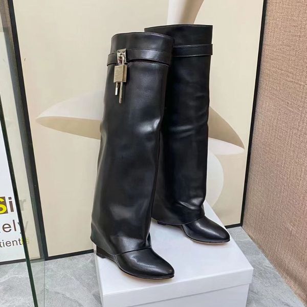 designer booties shark lock boots knee boots genuine leather women shoes silver gold finish asymmetric metal padlock covered wedge almond to, Black
designer booties shark lock boots knee boots genuine leather women shoes silver gold finish asymmetric metal padlock covered wedge almond to, Black