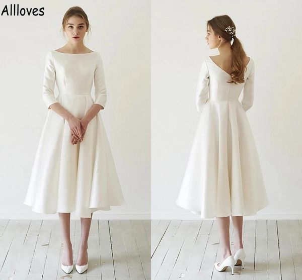 ivory satin short a line wedding dresses with 3/4 long sleeves jewel neck elegant boho garden bridal gowns tea length fashion second recepti, White
ivory satin short a line wedding dresses with 3/4 long sleeves jewel neck elegant boho garden bridal gowns tea length fashion second recepti, White