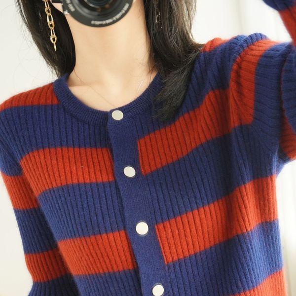 new autumn and winter knitted cardigan female round neck pullover korean loose sweater wide stripe stitching slim coat, White;black
new autumn and winter knitted cardigan female round neck pullover korean loose sweater wide stripe stitching slim coat, White;black
