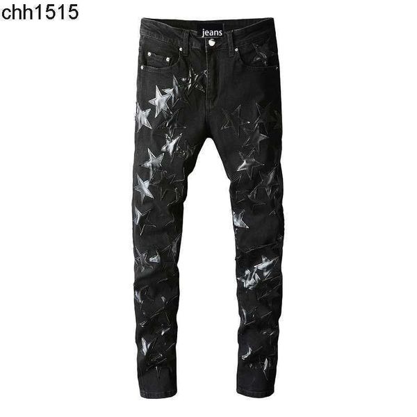 691 high street fashion brand amirs black five pointed star jeans for young men, Blue 
691 high street fashion brand amirs black five pointed star jeans for young men, Blue