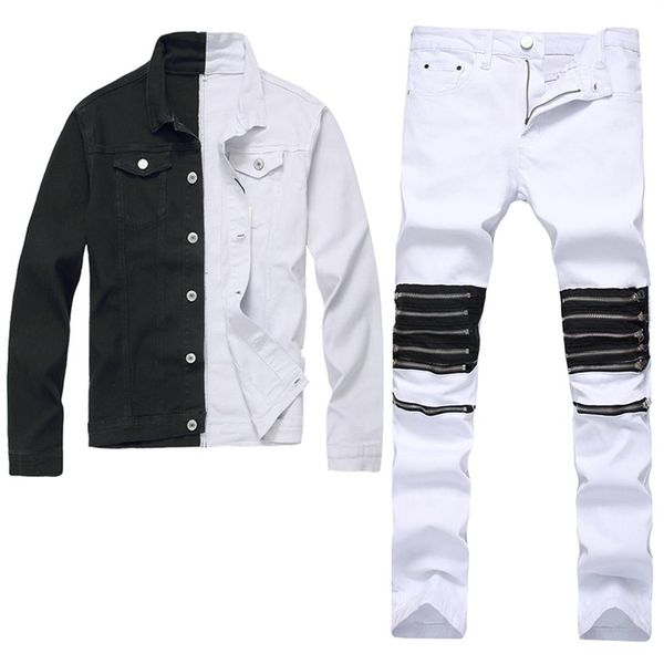 men's slim fit tracksuits denim jacket pants 2pcs set black and white two-color long sleeve coat ripped holes zipper decora211d, Gray
men's slim fit tracksuits denim jacket pants 2pcs set black and white two-color long sleeve coat ripped holes zipper decora211d, Gray