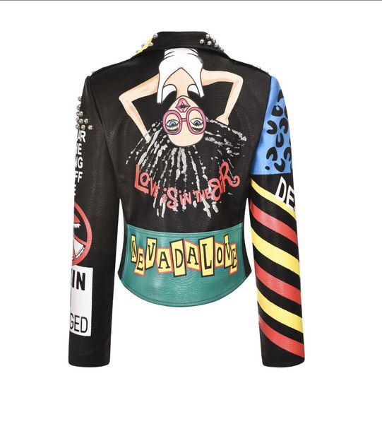 women's autumn and winter new street eb rock punk personality girl pattern graffiti print rivet short leather jacket spot, Black
women's autumn and winter new street eb rock punk personality girl pattern graffiti print rivet short leather jacket spot, Black