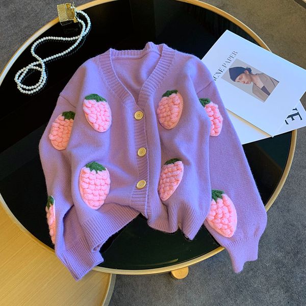 design sense pink three dimensional strawberry knitted sweater women autumn lazy style long sleeved cardigan sweater jacket tide, White;black 
design sense pink three dimensional strawberry knitted sweater women autumn lazy style long sleeved cardigan sweater jacket tide, White;black