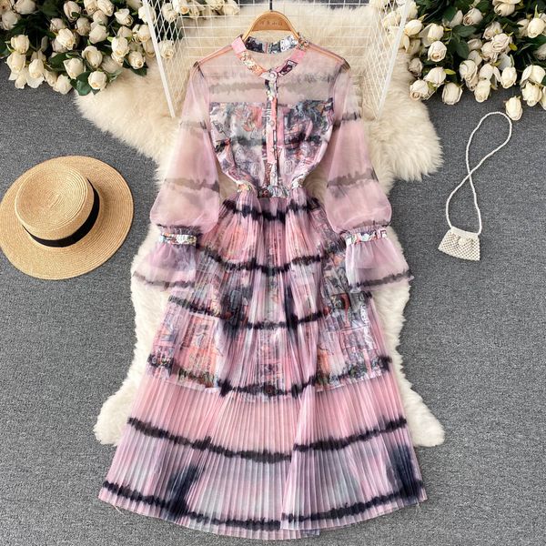 french high sense tie dye printed dress stand collar button up lantern sleeve waist closing thin gauze pleated mid length skirt, Black;gray
french high sense tie dye printed dress stand collar button up lantern sleeve waist closing thin gauze pleated mid length skirt, Black;gray