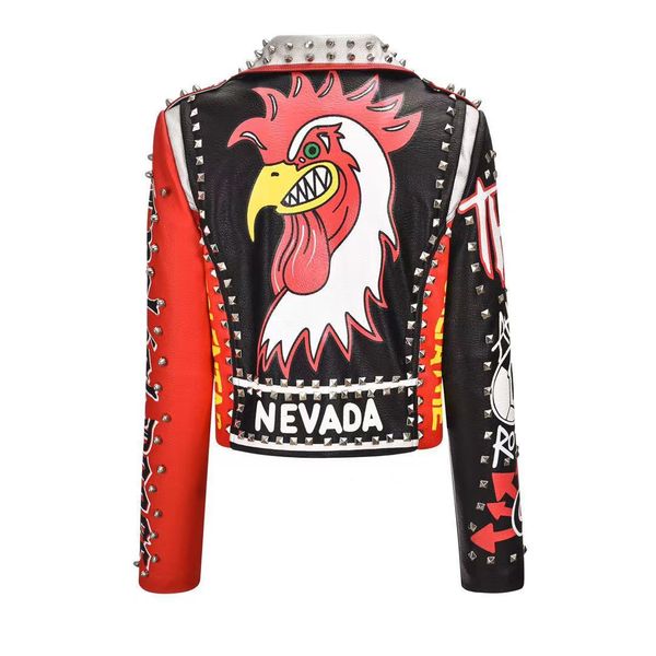 women's autumn and winter new street ins personality rooster pattern graffiti print rivets short leather jacket spot, Black
women's autumn and winter new street ins personality rooster pattern graffiti print rivets short leather jacket spot, Black