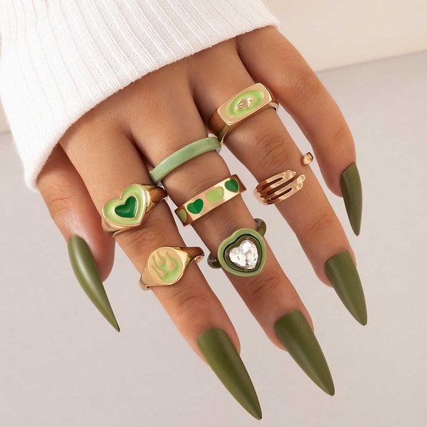 green oil dripping love fire palm ring set geometric resin heart seven piece ring set, Silver
green oil dripping love fire palm ring set geometric resin heart seven piece ring set, Silver
