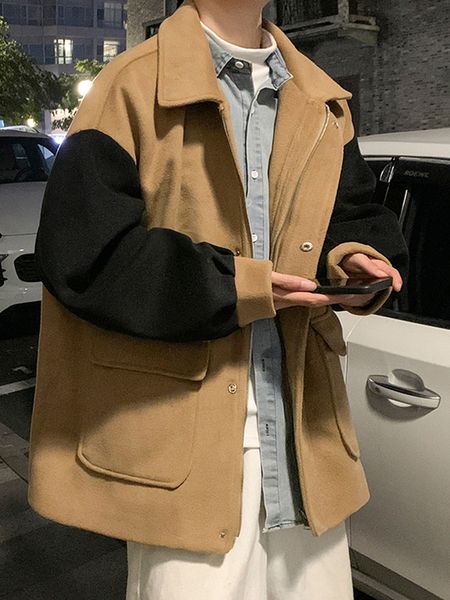 men coat loose woolen short splicing contrast baseball jacket 2023 american fashion warm turn-down collar male 2a6815, Black;brown
men coat loose woolen short splicing contrast baseball jacket 2023 american fashion warm turn-down collar male 2a6815, Black;brown