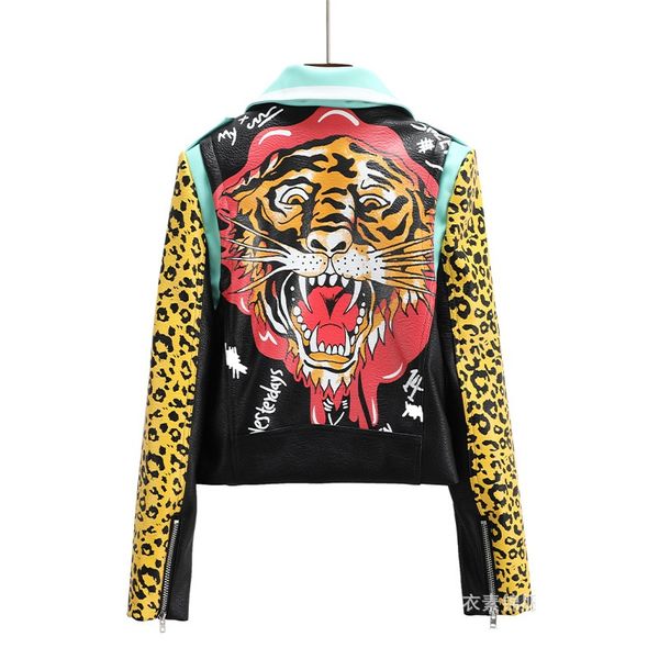 women's autumn/winter new leather coat street fashion motorcycle personality leopard print tiger head print metal lapel zipper punk sty, Black
women's autumn/winter new leather coat street fashion motorcycle personality leopard print tiger head print metal lapel zipper punk sty, Black