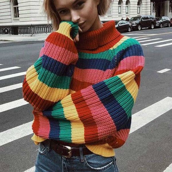 women's sweaters autumn rainbow pullovers turtleneck hit colors striped sweaters loose hand knitted shirts long lantern sleeved oversiz, White;black
women's sweaters autumn rainbow pullovers turtleneck hit colors striped sweaters loose hand knitted shirts long lantern sleeved oversiz, White;black