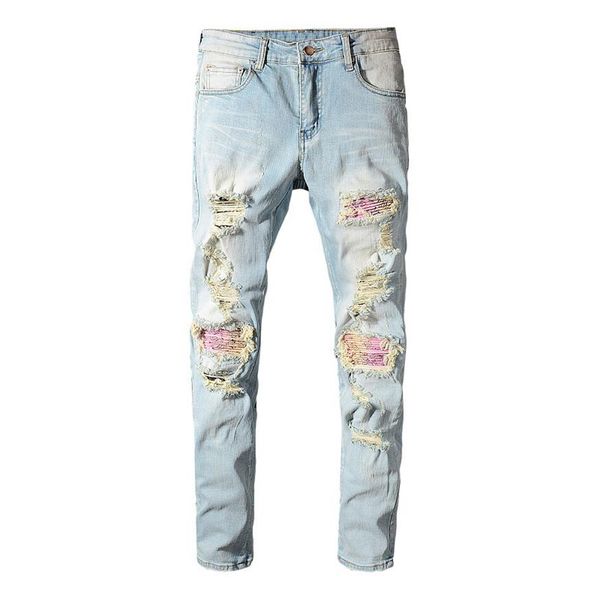 men's patchwork bandanna paisley printed biker jeans light blue holes ripped skinny stretch denim pants trousers234c
men's patchwork bandanna paisley printed biker jeans light blue holes ripped skinny stretch denim pants trousers234c