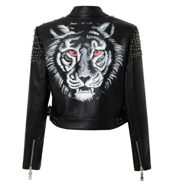 women's autumn/winter new leather jacket street fashion motorcycle personality tiger head print metal lapel zipper punk style jacket, Black
women's autumn/winter new leather jacket street fashion motorcycle personality tiger head print metal lapel zipper punk style jacket, Black