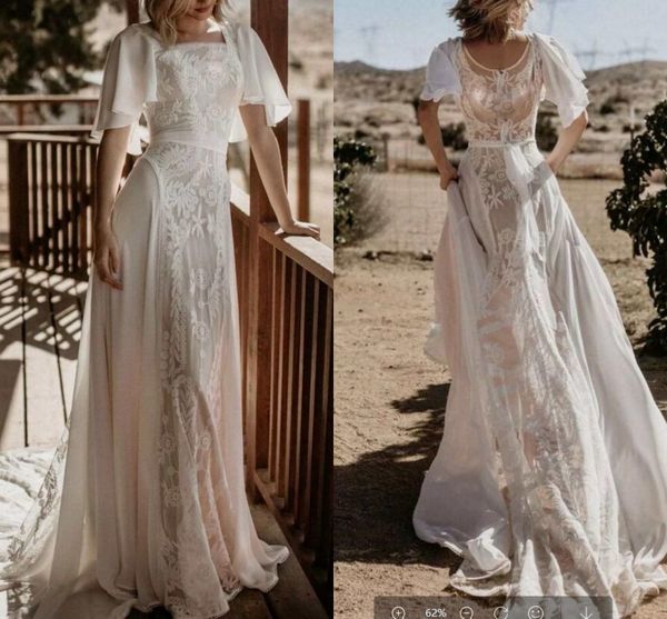 bohemian lace wedding dress square neck flare sleeves a line chiffon sweep train lace beach bridal gown robe de mariee, White
bohemian lace wedding dress square neck flare sleeves a line chiffon sweep train lace beach bridal gown robe de mariee, White