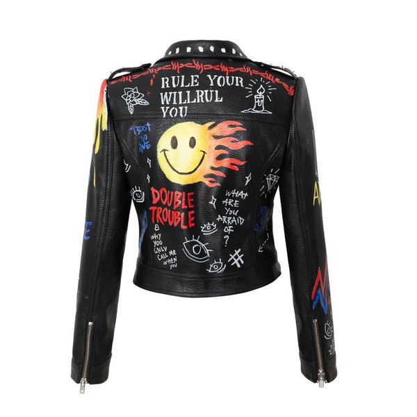 women's autumn/winter new leather jacket street fashion personality graffiti print hip hop rock pocket lapel zip-up jacket, Black
women's autumn/winter new leather jacket street fashion personality graffiti print hip hop rock pocket lapel zip-up jacket, Black