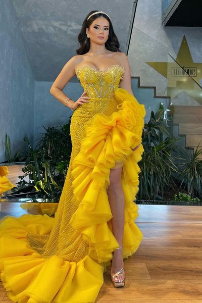 sparkle strapless yellow prom dresses beaded crystals side split party dresses ruffles ruched custom made evening dress, Black;red
sparkle strapless yellow prom dresses beaded crystals side split party dresses ruffles ruched custom made evening dress, Black;red