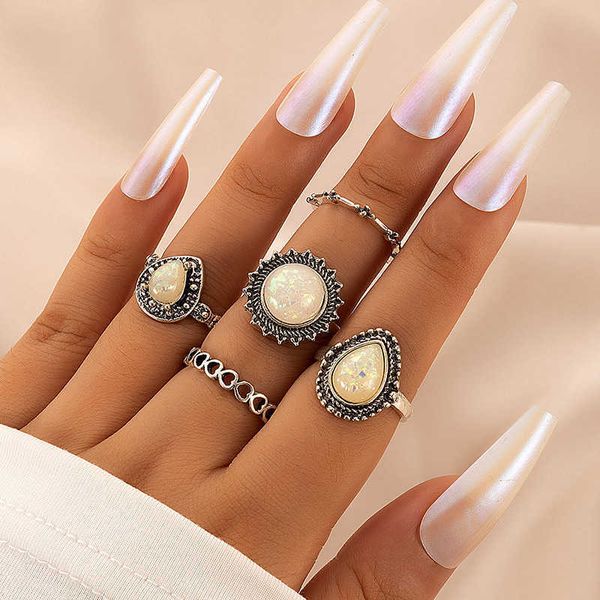 new hand decoration geometric water drop round protein imitation five piece ring set, Silver
new hand decoration geometric water drop round protein imitation five piece ring set, Silver