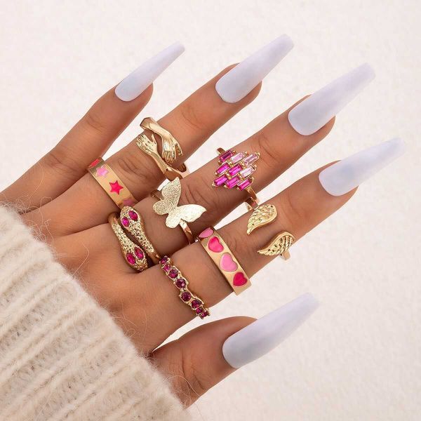 pink oil drop heart star ring set butterfly wing palm snake eight piece ring set, Silver
pink oil drop heart star ring set butterfly wing palm snake eight piece ring set, Silver