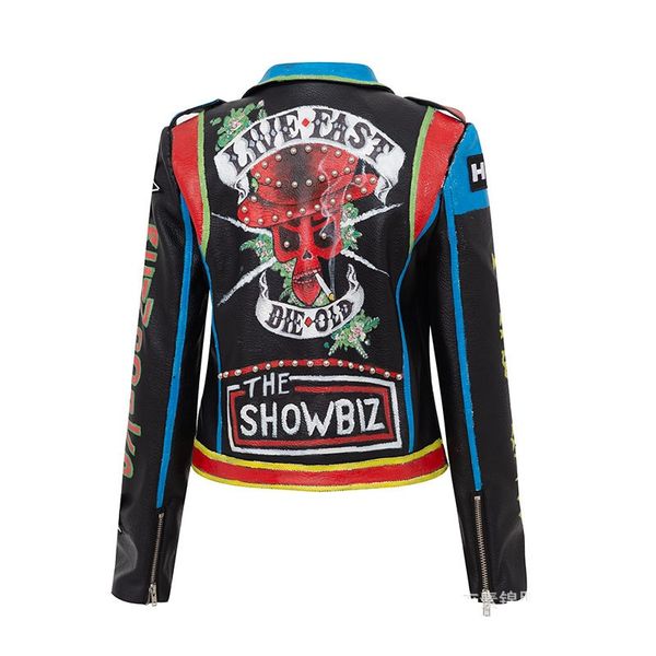women's spring and autumn new street hip-hop rock punk performance skull pattern graffiti print rivet leather jacket spot, Black
women's spring and autumn new street hip-hop rock punk performance skull pattern graffiti print rivet leather jacket spot, Black