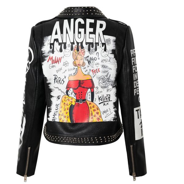 women's autumn/winter new leather jacket street fashion motorcycle personality graffiti print pocket lapel zip-up punk jacket, Black
women's autumn/winter new leather jacket street fashion motorcycle personality graffiti print pocket lapel zip-up punk jacket, Black