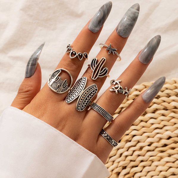 new cactus flower ring set geometric coconut plant exaggerate eight piece ring set, Silver
new cactus flower ring set geometric coconut plant exaggerate eight piece ring set, Silver