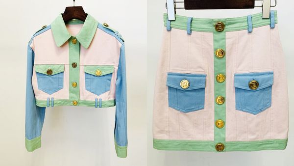 high-quality lady two piece denim dress lion buttons colorful hit jacket and skirt, White
high-quality lady two piece denim dress lion buttons colorful hit jacket and skirt, White