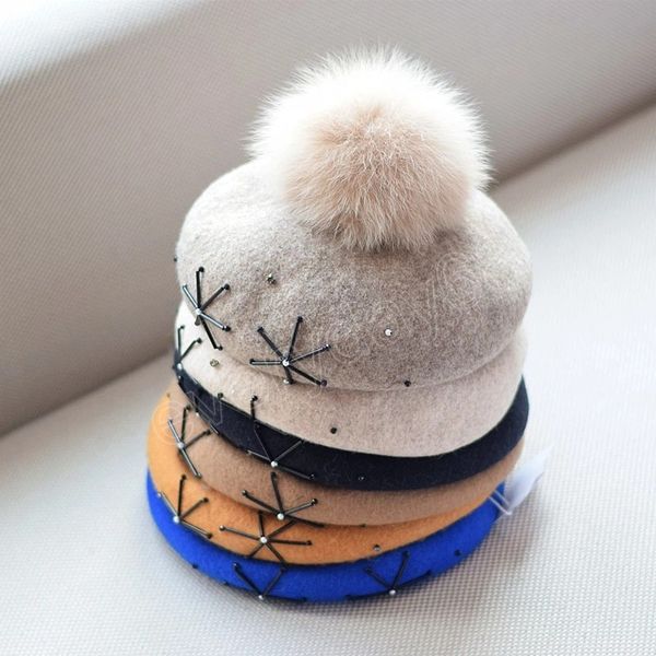 luxury women beret hat with real fox fur pom pom flower wool artist caps casual outdoor keep warm painter hats gorras, Blue;gray
luxury women beret hat with real fox fur pom pom flower wool artist caps casual outdoor keep warm painter hats gorras, Blue;gray