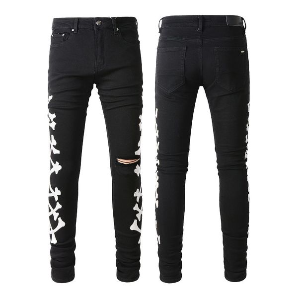 men's jeans trendy brand bone pattern skinny stretch black jeans with broken knee europe and america, Blue
men's jeans trendy brand bone pattern skinny stretch black jeans with broken knee europe and america, Blue