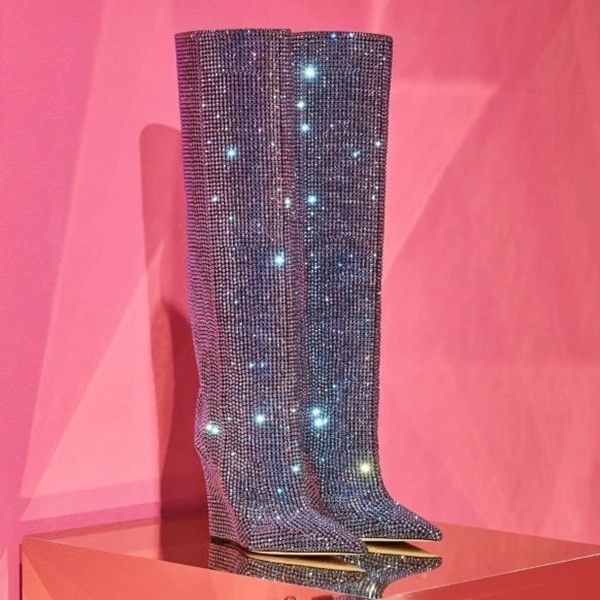 wedges pointed toe designer shiny rhinestone boots upper knee high boots slip on women's winter runway party dress boot, Black
wedges pointed toe designer shiny rhinestone boots upper knee high boots slip on women's winter runway party dress boot, Black