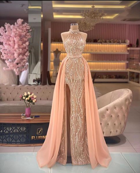 shiny prom dresses sleeveless high neck halter lace appliques sequins evening dresses side slit detachable train floor length evening dress, Black
shiny prom dresses sleeveless high neck halter lace appliques sequins evening dresses side slit detachable train floor length evening dress, Black