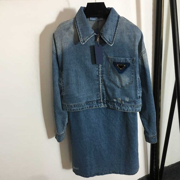 luxury denim two piece dress jackets trendy triangle badge coats long sleeve female coat dresses, White
luxury denim two piece dress jackets trendy triangle badge coats long sleeve female coat dresses, White